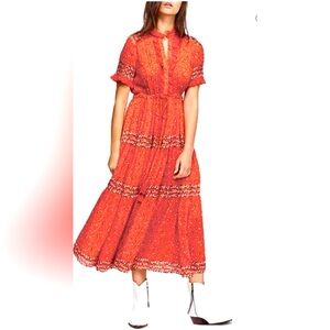 Free People Rare Feeling Tiered Boho Midi Dress w Tassel Waist Tie. ZB1